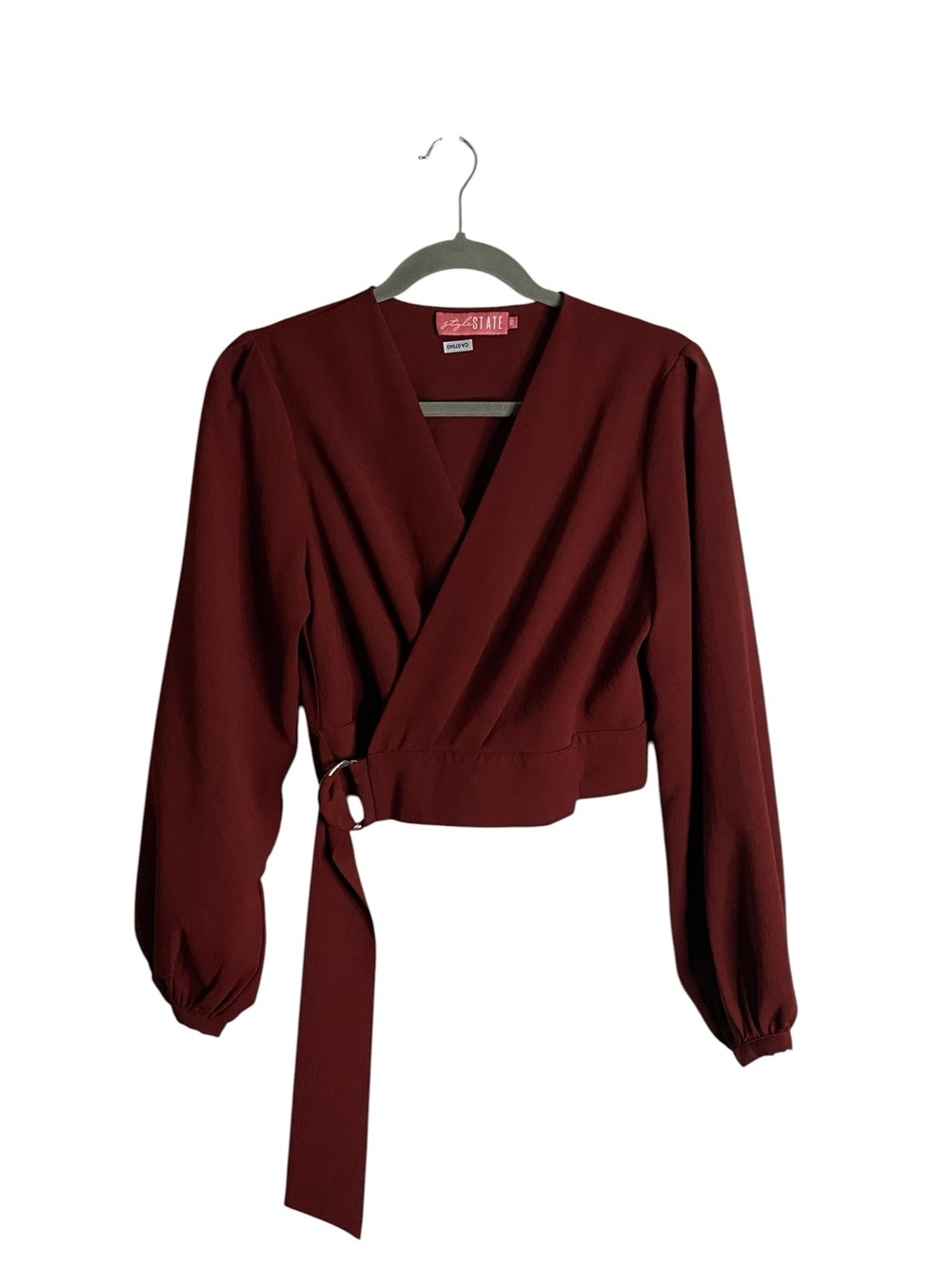 90's Burgundy Belted Wrap Long Sleeve Puff Blouse